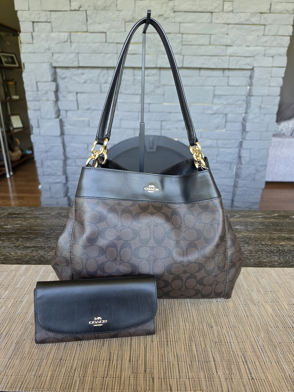 Coach Brown Signature Canvas Shoulder Bag with Black Trim and Matching Wallet